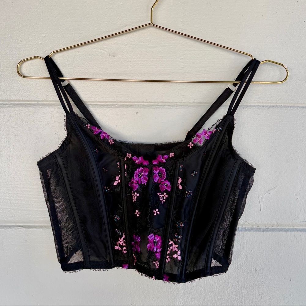 Vintage Victoria’s Secret Black Mesh Corset Top Purple Embroidery Y2K